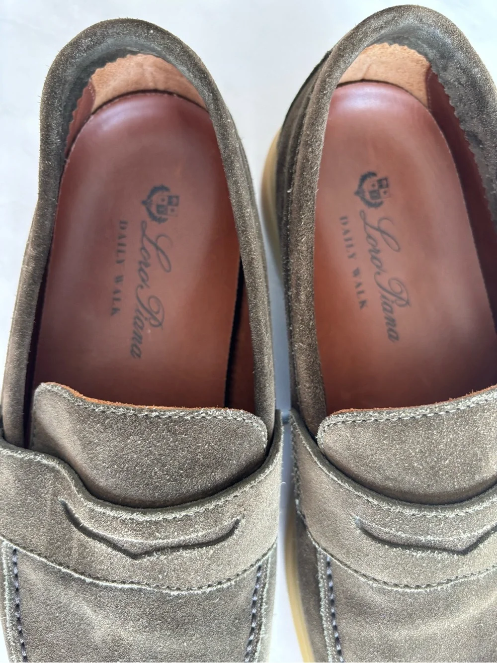 Loro Piana Olive Suede Penny Loafers with Gum Sole